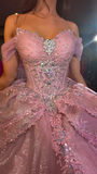 Ndyad Off-the-shoulder Ball Gown Tulle Beading Long Prom Dresses, Pink Quinceanera Dresses Sweet 16 Dress HZ1024