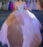Ndyad Off-the-shoulder Ball Gown Tulle Beading Long Prom Dresses, Pink Quinceanera Dresses Sweet 16 Dress HZ1024
