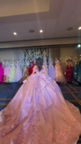 Ndyad Off-the-shoulder Ball Gown Tulle Beading Long Prom Dresses, Pink Quinceanera Dresses Sweet 16 Dress HZ1024