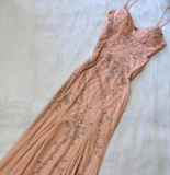 Ndyad Spaghetti Strap Sheath Chiffon Beaded Long Prom Dresses, Peach Formal Evening Dresses HZ1024