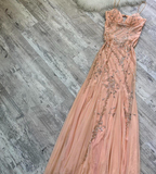 Ndyad Spaghetti Strap Sheath Chiffon Beaded Long Prom Dresses, Peach Formal Evening Dresses HZ1024