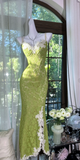 Ndyad Spaghetti Strap Mermaid Lace Long Prom Dresses, Green Formal Evening Dresses HZ1024