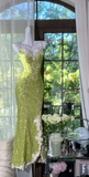 Ndyad Spaghetti Strap Mermaid Lace Long Prom Dresses, Green Formal Evening Dresses HZ1024