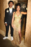 Ndyad V-neck Sheath Tulle Long Prom Dresses, Gold Slit Formal Evening Dresses HZ1024