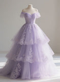 Ndyad Off-the-shoulder A-Line Tulle Long Prom Dresses, Purple Sweet 16 Dress HZ1024