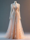 Ndyad V Neck A-Line Tulle Applique Long Prom Dresses, Light Pink Sweet 16 Dress HZ1024