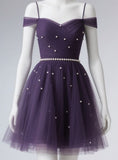 Ndyad Off-the-shoulder A-Line Tulle Short Prom Dresses, Purple Homecoming Dresses HZ1024