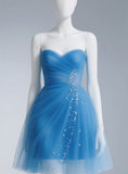 Ndyad Sweetheart Neck A-Line Tulle Short Prom Dresses, Blue Homecoming Dresses HZ1024