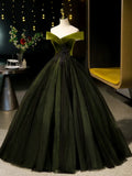 Ndyad Off Shoulder Velvet Tulle Green Long Prom Dress, Green Long Formal Dress HZ1024