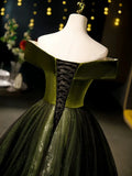 Ndyad Off Shoulder Velvet Tulle Green Long Prom Dress, Green Long Formal Dress HZ1024