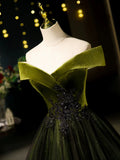 Ndyad Off Shoulder Velvet Tulle Green Long Prom Dress, Green Long Formal Dress HZ1024