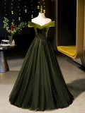 Ndyad Off Shoulder Velvet Tulle Green Long Prom Dress, Green Long Formal Dress HZ1024