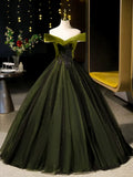 Ndyad Off Shoulder Velvet Tulle Green Long Prom Dress, Green Long Formal Dress HZ1024