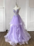 Ndyad V Neck Tulle Sequin Blue Long Prom Dress, Blue Long Evening Dress HZ1024