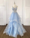 Ndyad V Neck Tulle Sequin Blue Long Prom Dress, Blue Long Evening Dress HZ1024