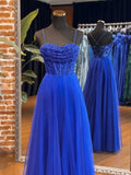 Ndyad Sweetheart Neck Tulle Sequin Blue Long Prom Dresses, Blue Long Formal Dresses HZ1024