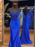 Ndyad Sweetheart Neck Tulle Sequin Blue Long Prom Dresses, Blue Long Formal Dresses HZ1024