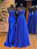 Ndyad Sweetheart Neck Tulle Sequin Blue Long Prom Dresses, Blue Long Formal Dresses HZ1024