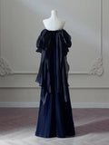 Ndyad Satin Sheath Long Prom Dress, Dark Blue Long Evening Dress HZ1024