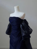 Ndyad Satin Sheath Long Prom Dress, Dark Blue Long Evening Dress HZ1024