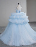 Ndyad Sweetheart Neck Ball Gown Tiered Tulle Long Prom Dresses, Blue Sweet 16 Dress HZ1024