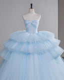Ndyad Sweetheart Neck Ball Gown Tiered Tulle Long Prom Dresses, Blue Sweet 16 Dress HZ1024