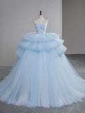 Ndyad Sweetheart Neck Ball Gown Tiered Tulle Long Prom Dresses, Blue Sweet 16 Dress HZ1024