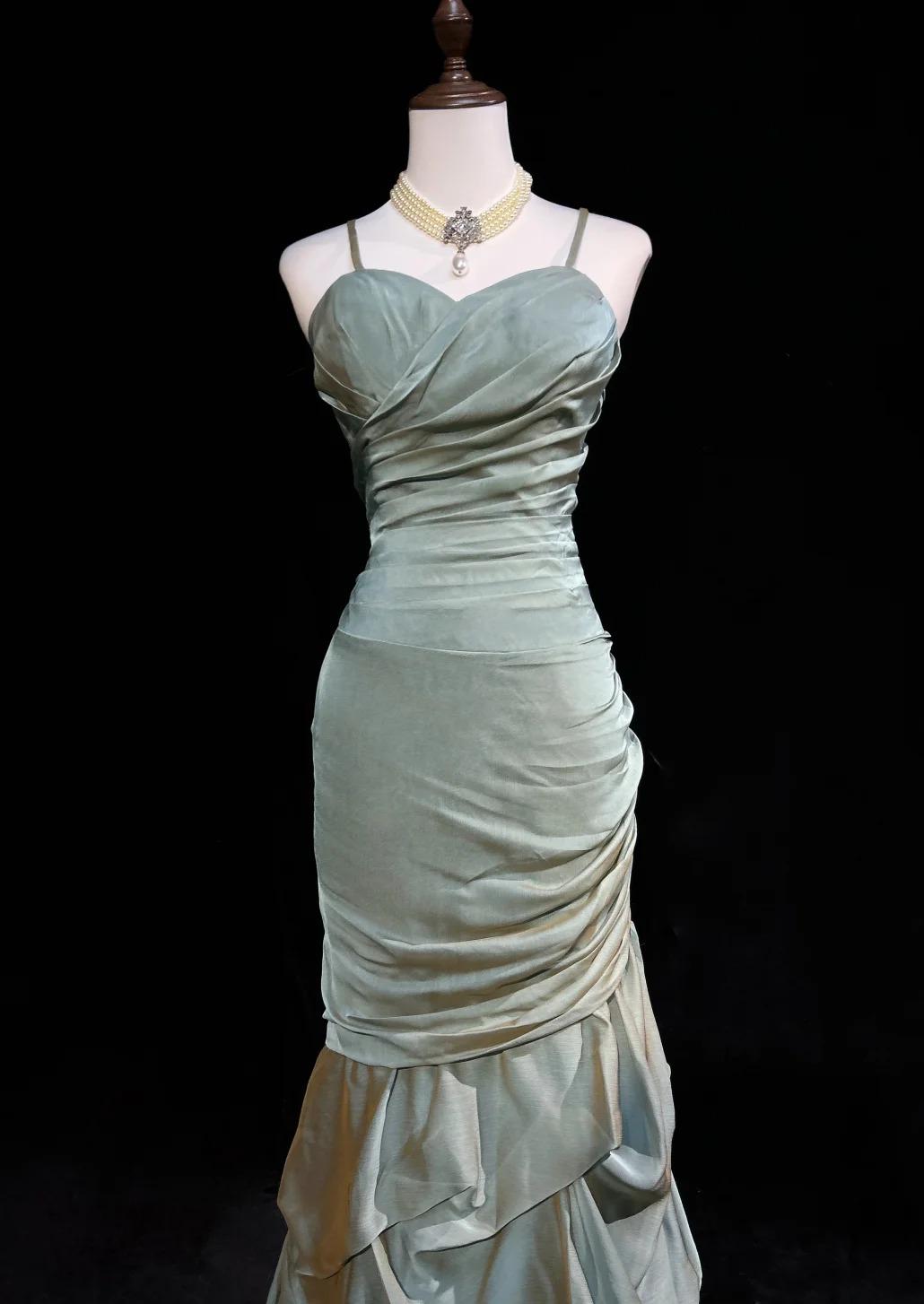 Ndyad Green Spaghetti Straps Mermaid Satin Long Prom Dresses Sweet 16 Formal Evening Dresses HZ1024