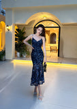 Evafashion holiday floral sling dress blue mesh mermaid dress HZ1024
