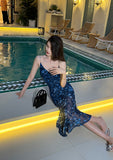 Evafashion holiday floral sling dress blue mesh mermaid dress HZ1024