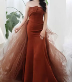 Ndyad Mermaid Satin Brown Long Prom Dress, Brown Long Evening Dress HZ1024