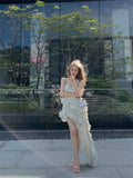 Evafashion hot girl style irregular ruffled floral suspender long skirt HZ1024