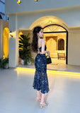 Evafashion holiday floral sling dress blue mesh mermaid dress HZ1024
