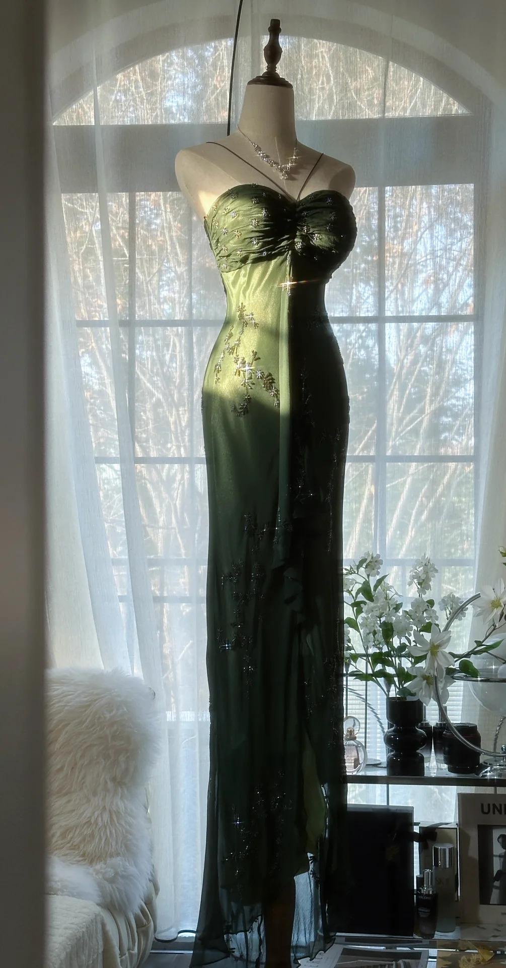 Ndyad Forest Green Spaghetti Straps Long Prom Dresses Glitter Chiffon Beaded Elegant Party Dresses HZ1024