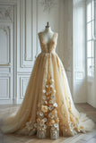 Ndyad A-line V-neck Tulle Sequin Wedding Dress, Beaded Applique Long Prom Dress HZ1024