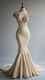 Ndyad Mermaid Satin Beaded V-Neck Long Ball Dress, Elegant Evening Dress HZ1024