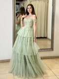 Ndyad A-Line Sweetheart Neck Off Shoulder Tulle Lace Long Prom Dress,Formal Evening Dress HZ1024