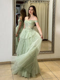 Ndyad A-Line Sweetheart Neck Off Shoulder Tulle Lace Long Prom Dress,Formal Evening Dress HZ1024