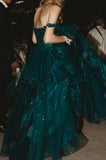 Ndyad Green A Line V Neck Tulle Sequin Lace Long Prom Dress,Dark Green Formal Prom Dress HZ1024