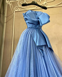 Ndyad A-line Spaghetti Straps Satin Tulle Long Prom Dress, Blue Eevening Dress HZ1024