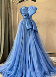 Ndyad A-line Spaghetti Straps Satin Tulle Long Prom Dress, Blue Eevening Dress HZ1024