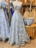 Ndyad A-Line Sweetheart Tulle Appliques Long Prom Dress, Strapless Evening Dress HZ1024