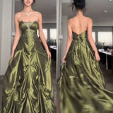 Ndyad Forest Green A-Line Long Prom Dresses With Silver Beads Sweet Strapless Satin Evening Dresses HZ1024