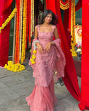Ndyad Hot Pink Square Neck Mermaid Tulle Appliques Long Prom Dresses Formal Evening Gowns with Capes HZ1024
