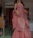 Ndyad Hot Pink Square Neck Mermaid Tulle Appliques Long Prom Dresses Formal Evening Gowns with Capes HZ1024