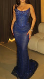Ndyad Strapless Sheath Tulle Beaded Long Prom Dresses, Royal Blue Formal Evening Dresses HZ1024