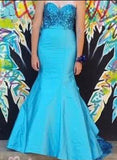 Ndyad Strapless Mermaid Long Prom Dresses Satin Blue Evening Gowns HZ1024