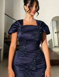 Ndyad Square Neck Sheath Navy Blue New Year Evening Dresses Satin Applique Navy Blue Wedding Guest Dresses HZ1024