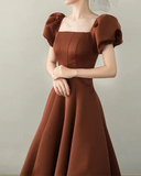 Ndyad Puff Sleeves Satin Long Prom Dress, Long Evening Dresses HZ1024