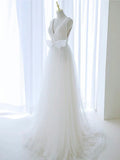Ndyad Off Shoulder White Tulle Flower Long Prom Dress, Blue Long Formal Dress HZ1024